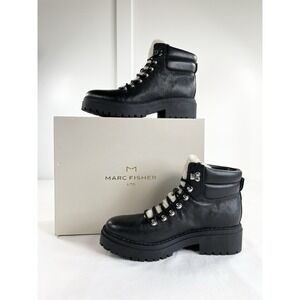 New Marc Fisher LTD‎ Nairy Shearling Lug Sole Black Leather Boot Women's 10